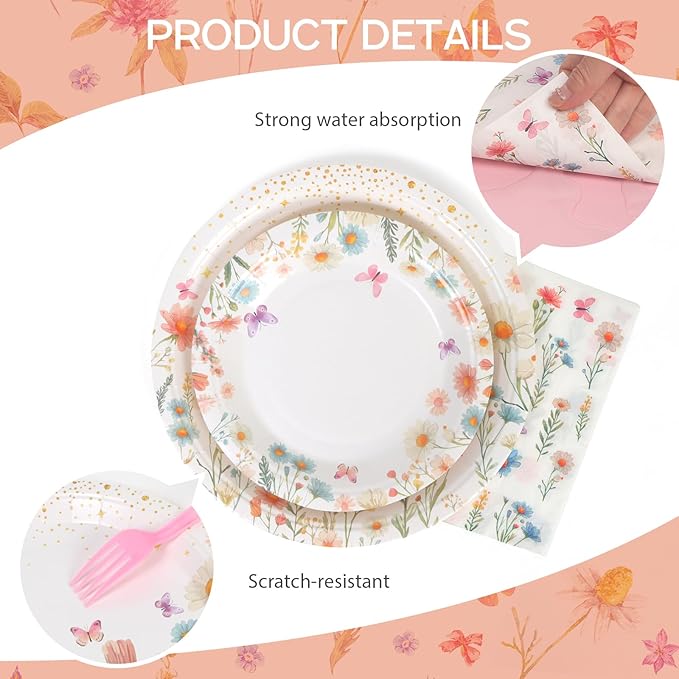 80pcs Floral Paper Plates - Wildflower Plates, Cups and Napkins for 20 Guests Spring Garden Picnic Wedding Tea Kids Birthday Party Supplies Decorations