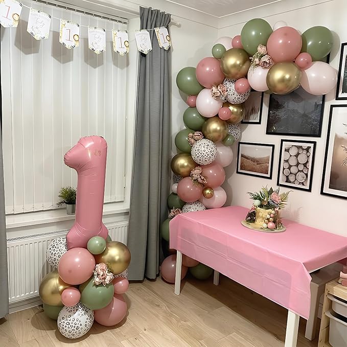 Pink and Green Balloons, Jungle Safari Balloon 12 Inch Leopard Cheetah Print Sage Green Dusty Light Pink Metallic Gold Latex Balloons for Girls Boho Baby Shower Wild One Birthday Party Decorations