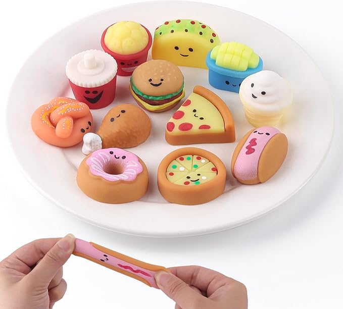 Anboor Mini Food Squishies Toys - 12 Pack Soft Kawaii Fast Food Squeeze Stress Relief Sensory Toys for Kids, Mini Junk Foods Fidget Toys for Party Favors Goodie Bag Fillers