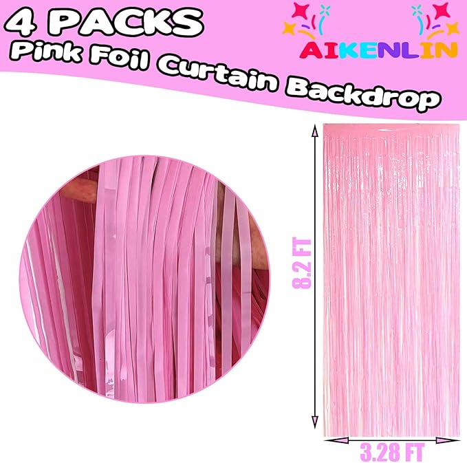 4 Pack 3.2Ft x 8.2Ft Pink Foil Fringe Curtain Backdrop, Metallic Tinsel Foil Fringe Streamers Curtains Background for Photo Booth, Birthday, Wedding, Disco, Bachelorette, Christmas Party Decoration