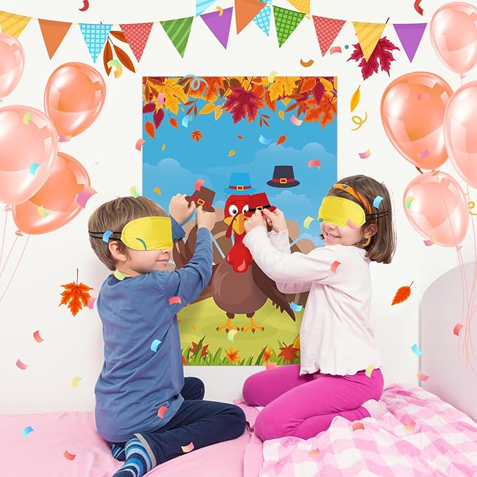 Hooqict Thanksgiving Games for Kids Party Pin The Hat on The Turkey Games Thanksgiving Activities Fall Autumn Party Decorations, Large Pin The Tail Game Poster with 36 Hat Stickers