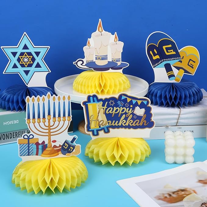 JULMELON 8PCS Hanukkah Table Decorations Honeycomb Centerpiece, Chanukah Decor Dreidel Menorah Table Toppers Happy Hanukkah Decorations for Home Party Favors Supplies
