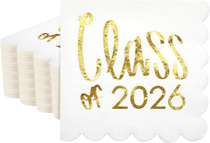 100 Pcs Class of 2026 Graduation Cocktail Napkins 5 x 5 Inch Congrats Grad Scalloped Paper Napkins for Dinner Beverage Graduate Decorations(Gold)