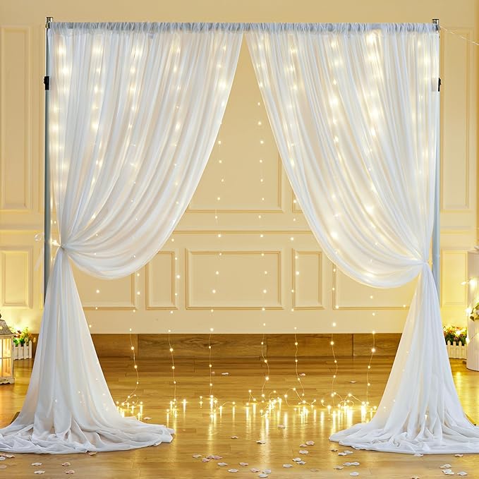 10x10ft White Chiffon Backdrop Curtain with Lights String for Wedding Sheer Tulle Curtain Photo Backdrops Drapes for Baby Shower Birthday Party Home Ceremony Decorations