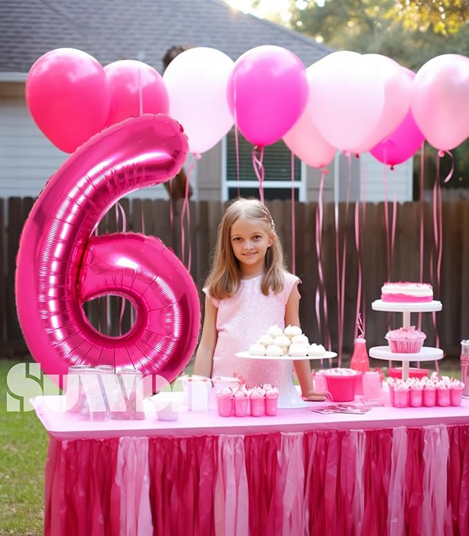 SUWEN 40 Inch Hot Pink Large 6 Number Balloons Big Foil Helium Number Balloons 0-9 Jumbo Happy 6th Mylar Birthday Party Decorations for Girl Anniversary Party Supplies
