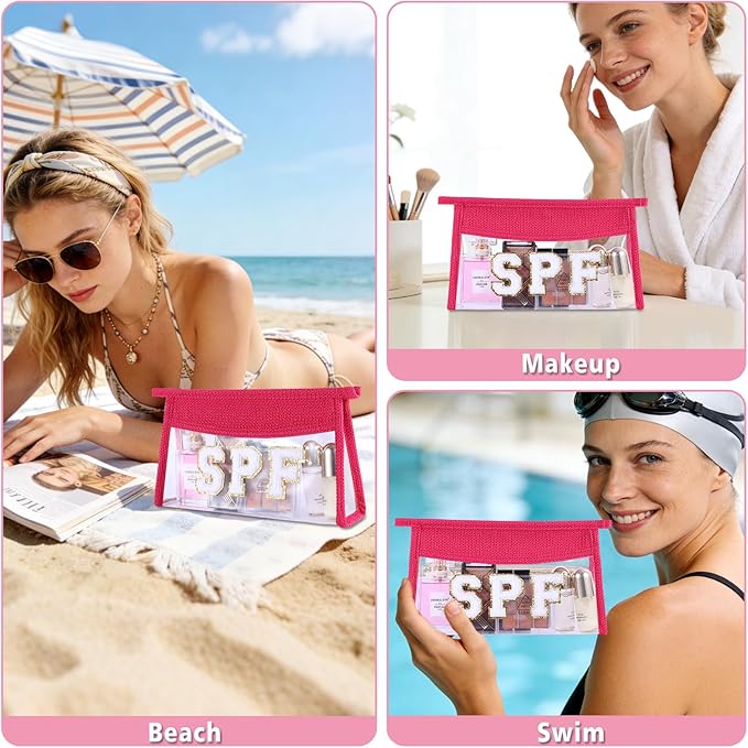 SPF Sunscreen Bag Clear Makeup Bag Chenille Letter SPF Cosmetic Zipper Pouch Summer Beach Essential Cute Toiletry Pouch Travel Accessories Gifts for Women