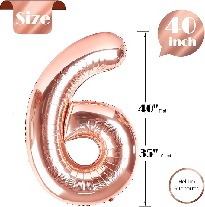 Rose Gold Number 6 Balloon 40 Inch, 6 Balloon Number, 6th Birthday Decorations, Rose Gold Party Supplies for Boys Girls