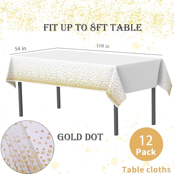 Yancorp 12 Pack Tablecloth for Rectangle Tables Gold Dot Disposable Tablecloths Plastic Tablecloth Party Table Covers for Birthday Thanksgiving Christmas Wedding Outdoor BBQ