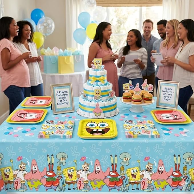 SpongeBob SquarePants Party Supplies Set, Square Plates in 9" and 7" sizes, Napkins, Tablecover with Confetti, Blue Yellow Theme, Serves 16 Guests at your Spongebob Birthday Party