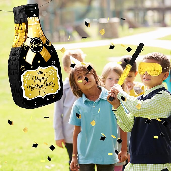 Capoda Happy New Year Champagne Piñata Set 16 x 8.3 x 3 Inches Champagne Bottle Black and Gold Piñata with Tassel Stick Blindfold Confetti for 2026 New Years Eve Party Games Supplies Decorations