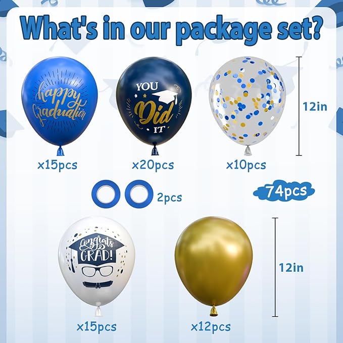 OuMuaMua 74 Pack Graduation Party Decorations Balloons Set - 12 Inch Navy Blue Metallic Gold Graduation Balloons Blue Gold White Confetti Balloons for Class of 2026 Grad Birthday Party Decor Supplies