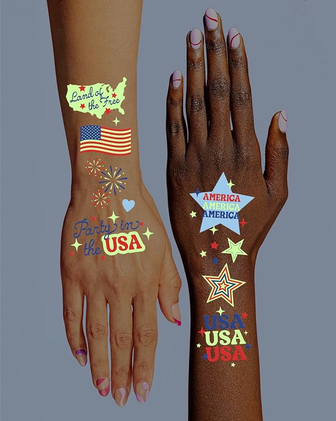 xo, Fetti Fourth of July Tattoos - 60 designs Glow in the Dark | Patriotic Party Decor, Red White Blue, USA Flag, Kids Birthday, American Independence Day, Temporary Tattoos