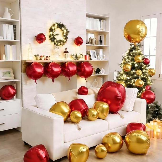 Red and Gold Round Balloons Foil, 12 Pcs Round Shaped Balloon 4D Different Size 22" 18" 15" 10", Metallic Gold Red Balloons for Xmas Prom Graduation Baby Shower Birthday New Years Party Decorations