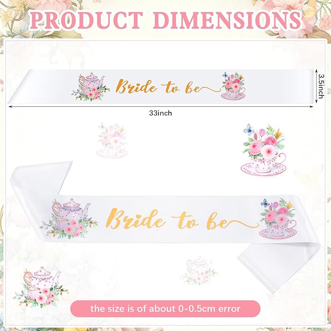 4 Pcs Tea Party Bridal Shower Favor Floral Tea Bride to Be Sash and Veil Bachelorette Party Decorations Flowers Teapot Theme Wedding Satin Sash Bridal Shower Gifts Engagement Supplies