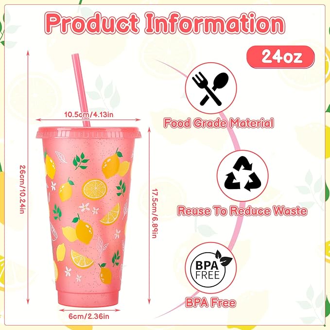 12 Pcs Lemon Cups with Lids and Straws, 24 OZ Reusable Drinking Cups Bulk for Summer Fruit Party Birthday Baby Shower Supplies