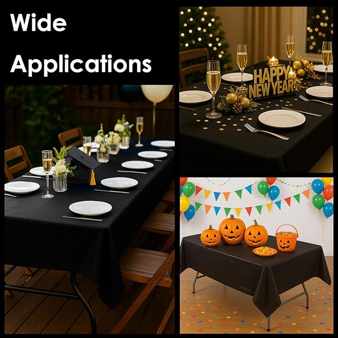 Craft And Party 12-Pack Black Plastic Tablecloths – 54 x 108 Inch Disposable Table Covers for Rectangle Tables, Heavy Duty & Waterproof for Parties, Events, Banquets, Black