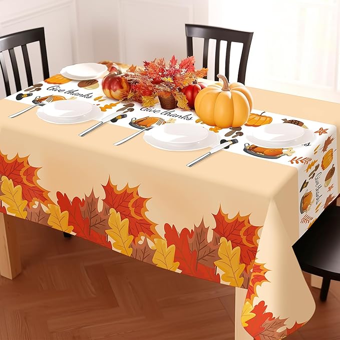 Childom Thanksgiving Tablecloth, 3 Pack Disposable Plastic Tablecloth 54" x 108" Thanksgiving Decorations, Autumn Maple Leaf Party Table Cover, Fall Harvest Party Decor for Outside,Picnic,Home,Dinner