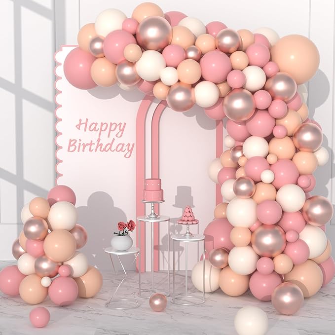 Dusty Pink Blush Balloon Garland Arch Kit, 122PCS Retro Pink Nude Ivory White Metallic Rose Gold Balloons for Boho Engagement Wedding Bridal Shower Birthday Baby Shower Annibersary Party Decorations