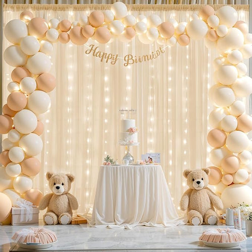 10ft x 10ft Champagne Chiffon Backdrop Curtain with Lights String for Parties,2 Panels Sheer Chiffon Curtain Wedding Backdrop with Lights for Baby Shower Birthday Ceremony Reception Home Decorations