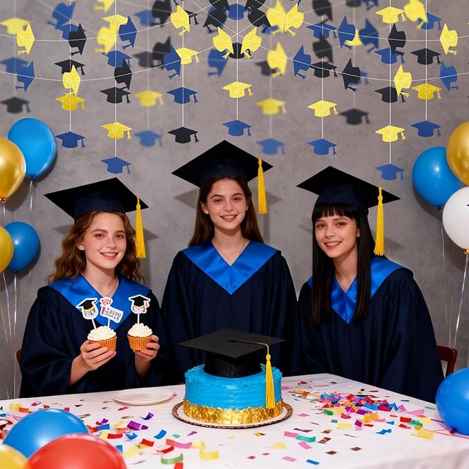 Blue and Gold Graduation Garland Graduation Party Decorations Class of 2026 Grad Cap Garland Banner Streamers for Grad Party Hanging Decorations 39Feet