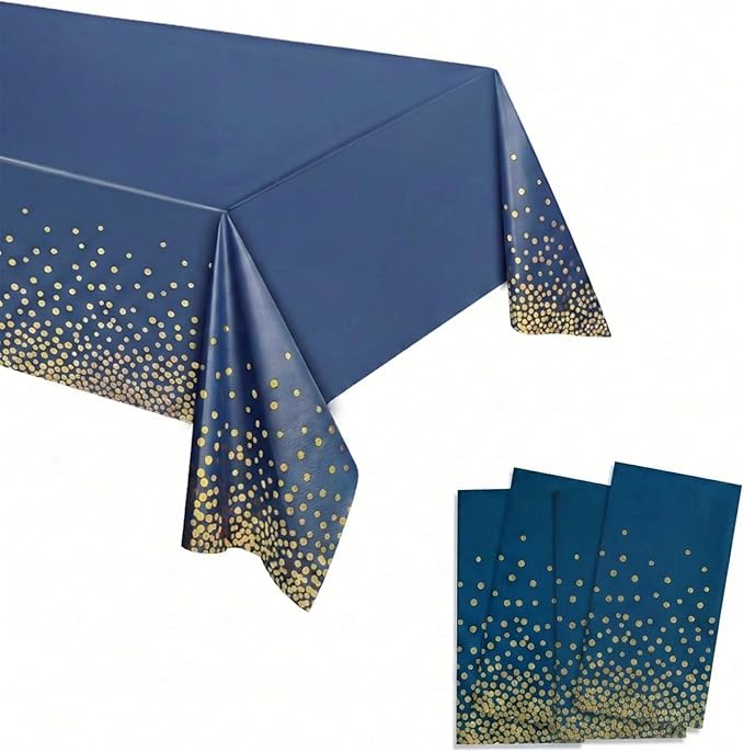 4 Pieces Navy Blue Rectangular Tablecloths Plastic，Plastic Table Cloth Disposable Blue and Gold, for Covers Anniversary, Wedding, Fine Dining, Graduation Party Decoration,