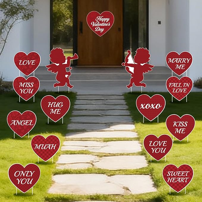 15 PCS Valentine's Day Decorations Valentine's Day Yard Signs, Valentines Love Heart Outdoor Decorations, Happy Valentines Day Heart Yard Signs, Valentine's Day Wedding Anniversary Outdoor Decor SetLawn Pathway Decor