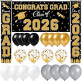 WOHOHOHO 23Pcs Graduation Decorations 2026 Set, Black Gold Porch Door Sign GRAD Banner, Class of 2026 Backdrop, 5 Colors Large Balloons, Party Supplies for High School College Indoor Outdoor Decor