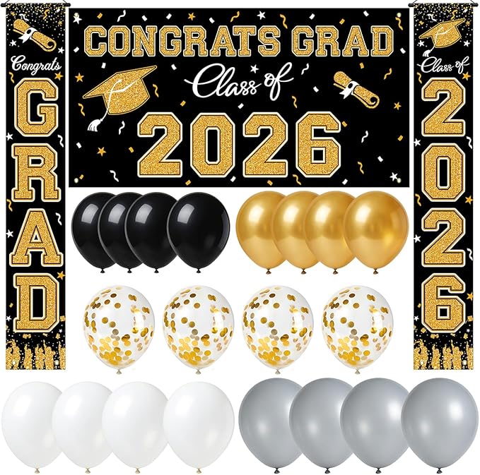 WOHOHOHO 23Pcs Graduation Decorations 2026 Set, Black Gold Porch Door Sign GRAD Banner, Class of 2026 Backdrop, 5 Colors Large Balloons, Party Supplies for High School College Indoor Outdoor Decor