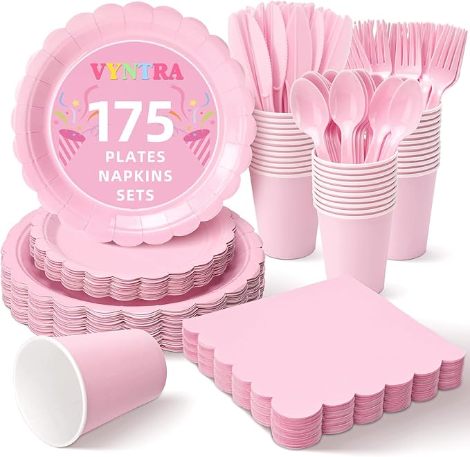 Vyntra 175 Pcs Pink Valentines Disposable Paper Plates and Napkins Set for 25, 9" Dinner Plates & 7" Dessert Plates, Tableware for Baby Shower, Bridal Shower, Birthday, Party