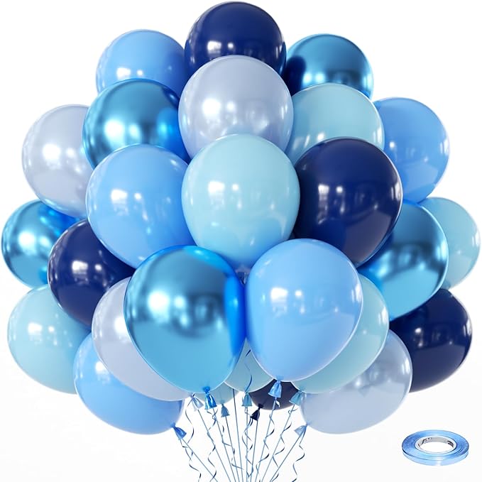 Blue Balloons, 60Pcs 12 Inch Metallic Blue Navy Pearl Light Chrome Blue Latex Balloons for Birthday Graduation Father's Day Wedding Party Decoration