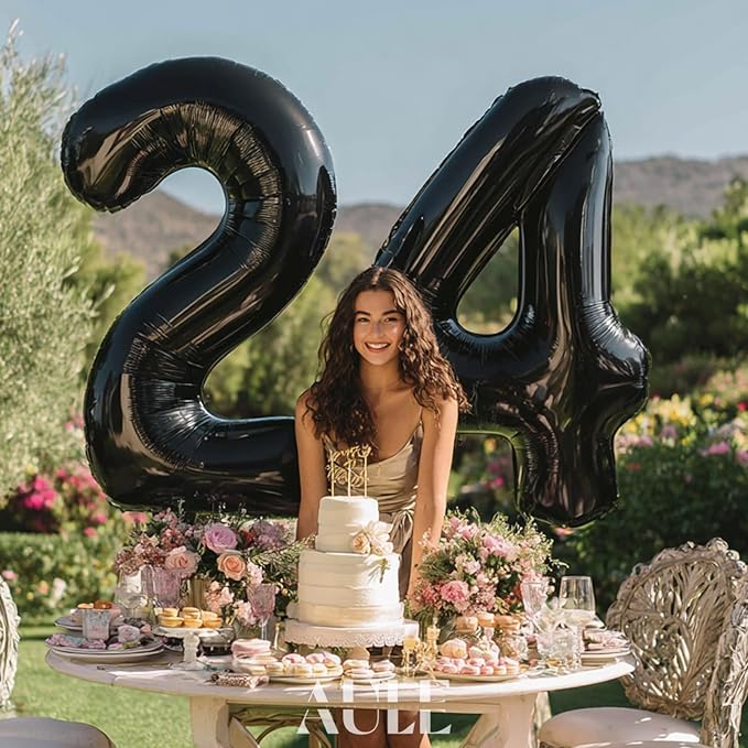 AULE 40 Inch Large 24 Number Balloons Black, Big Foil Number Balloons, Giant Helium Happy 24th Birthday Party Decorations for Man and Women, Huge Mylar Anniversary Party Supplies