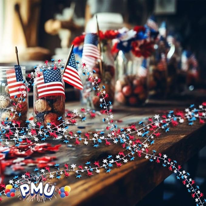 PMU 75 Ft Patriotic Star Garlands with Wire, Shiny Metallic Garland for 4th of July, National Day, Independence Day, Red, White and Blue (3pc-25Ft Each)