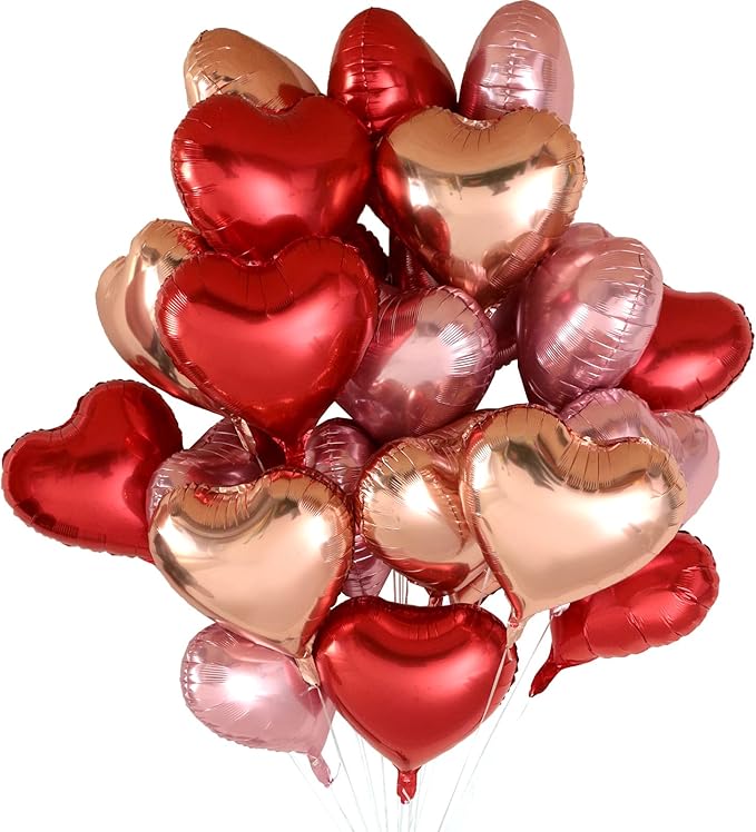 Golray 24pcs Heart Foil Balloons Love Red Pink Gold Rose 18 Inch Mylar Balloon for Valentine Day Decorations Backdrop Balloons Wall Romantic Night Proposal Wedding Anniversary Valentine Party Decor