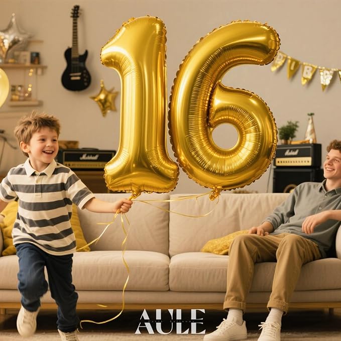 AULE 40 Inch Jumbo Gold Foil Mylar Number Balloons for Boy Girl 16th Birthday Party Decorations 16 Years Old Anniversary Party Supplies
