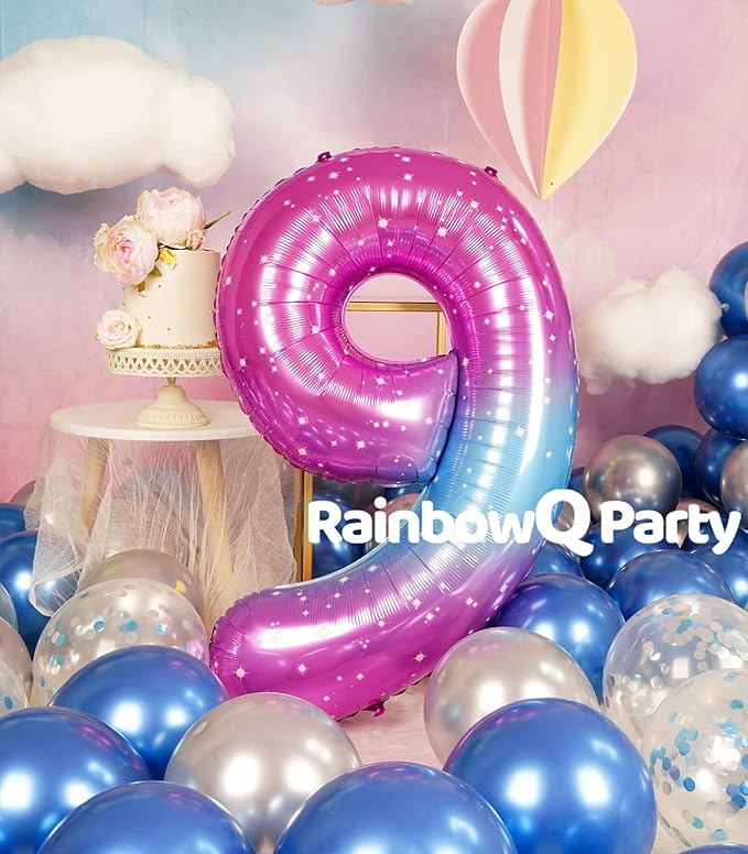 9 Balloon Number 40 Inch for Boy or Girl Big Starry 0-9 Foil Mylar Large 9 Number Balloon Happy 9th Birthday Party Anniversary Decorations Supplies