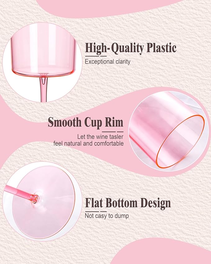 Ciaell 12 Pack Pink Plastic Wine Glasses - 10 Oz Disposable Wine Glasses with Stem for Parties & Weddings & Poolside & Outdoors & Camping & Easter