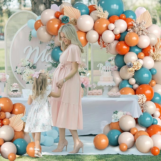 Orange and Dusty Blue Balloon Arch Garland, Double Stuffed Beige Burnt Orange White Sand Balloon Dark Teal Balloon Arch Kit for Boho Baby Shower Birthday Wedding Fall Party Supplies Decoration