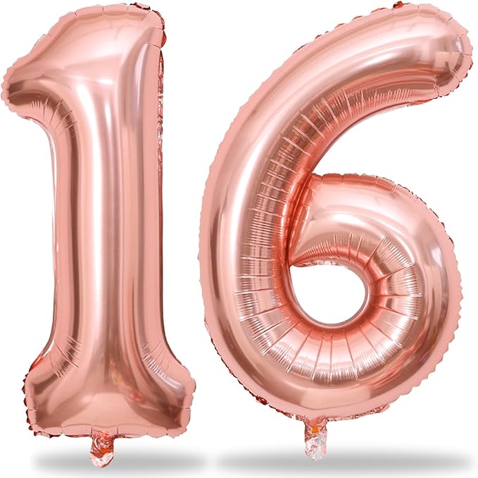Rose Gold 16th Birthday Balloons for Girls, 40 Inch Big Mylar Foil Number 1 and 6 Balloons Self Inflating Rose Gold 16 Balloons Number for Women 16th Anniversary Party Decorations Supplies