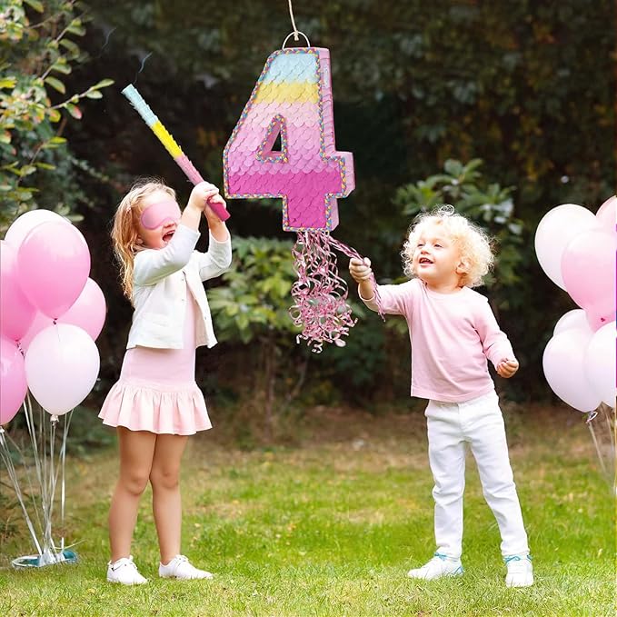 WERNNSAI Pink Sweet Four Piñata - Number 4 Piñata Happy Birthday Decoration Pink Rainbow Design Party Games for Girl Princess Baby Shower Party Favor with Blindfold Anniversary Celebration Supplies