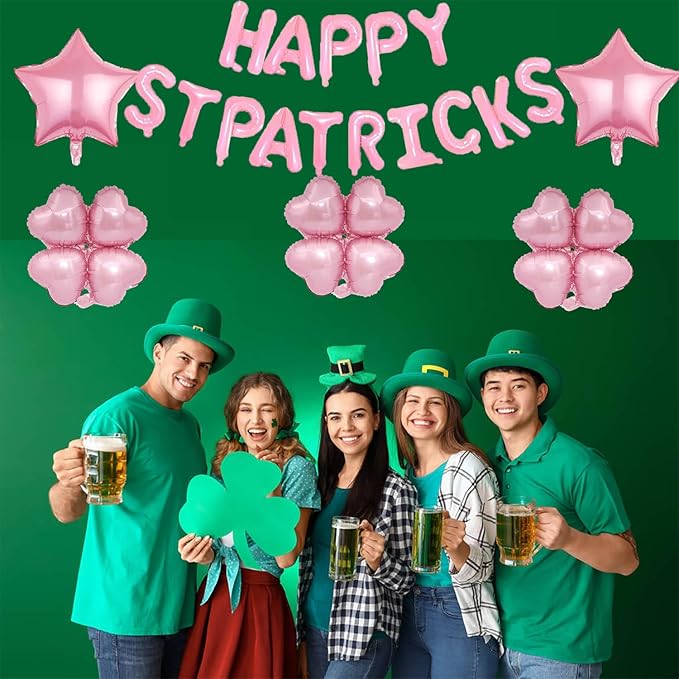 Pink Four Leaf Balloons Foil St. Patrick's Day Balloons Star Balloon for Spring Birthday Decorations Four-leaf Ballons St. Patrick's Day Decorations Party Supplies Arch Kits Party Balloon Sets 20pcs