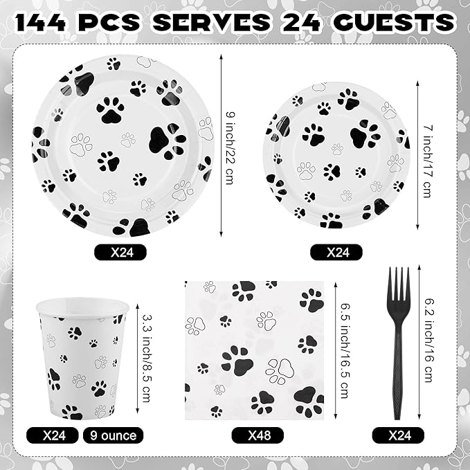Kochorie 144 Pieces Black Paw Print Party Tableware Sets Including Disposable Plates Napkins Cups Forks Serves 24 for Dog Puppy Theme Party Supplies