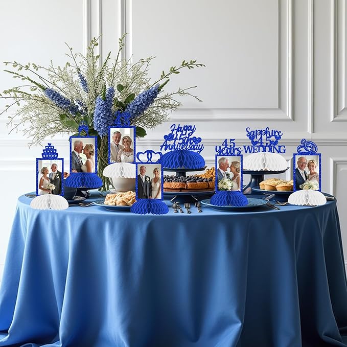 Cheereveal 8 Pieces Happy 45th Wedding Anniversary Honeycomb Centerpiece, Navy Blue Glitter Photo Table Topper, Cheers to 45 Years Sapphire Wedding Anniversary Theme Party Supplies for Men and Woman