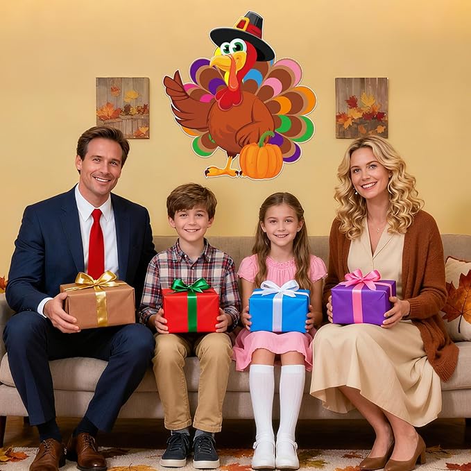 AUGSUN Lare Thanksgiving Party Games for Kids Pin The Tail On The Turkey Game Thanksgiving Game Activities with Blindfolds and Stickers Fall Festival Autumn Party Decorations for Adults Family School