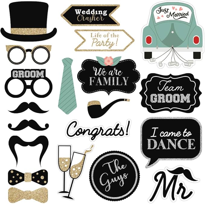 Fully Assembled Wedding Photo Booth Props - Set of 40 - Gold, Pink, Teal, & Silver Selfie Signs - Wedding Party Supplies & Decorations - Cute Designs with Real Glitter - Did We Mention No DIY