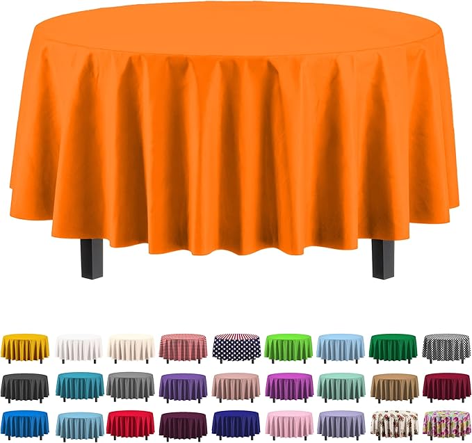 Exquisite Party Solids 6-Pack Premium Plastic Tablecloth 84in. Round Plastic Table Cover - Orange