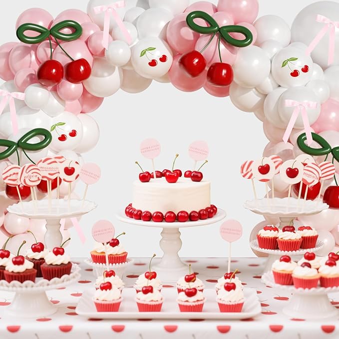 JOGAMS Cherry Balloon Arch Kit,192Pcs Cherry Party Decorations with Red Green 260 Balloons Pink Ribbon Bows for Cherry On Top Baby Shower Birthday Bridal Shower Wedding Galentine's Valentine's Day