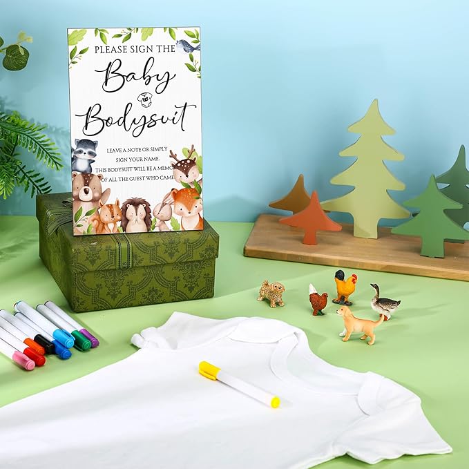 Qunclay 12 Pcs Baby Shower Game Decor with White Unisex Bodysuit Wooden Sign Tabletop Decor and Marker for Guests(Woodland)