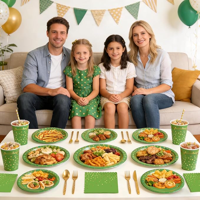OuMuaMua Disposable Green Paper Plates Party Supplies for 24 Guests, 168 Pcs Green and Gold Party Plates, Cups and Napkins with Utensils Set for Birthday Graduation Party Decor