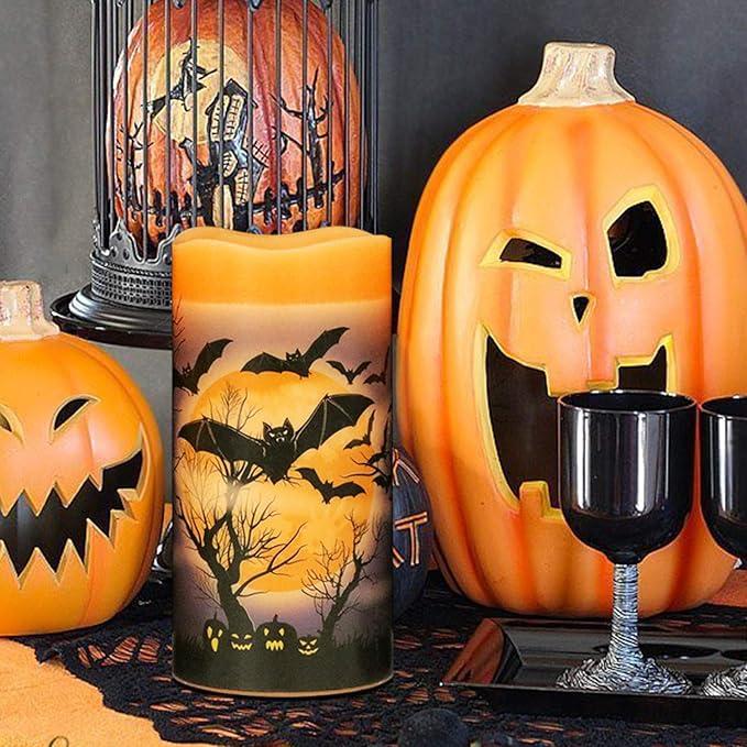 Eldnacele Halloween Flameless Flickering LED Candles with 6-Hour Timer, Battery Operated Wax Candles Assorted Decals Witch, Bats, Castle Set of 3 for Decoration
