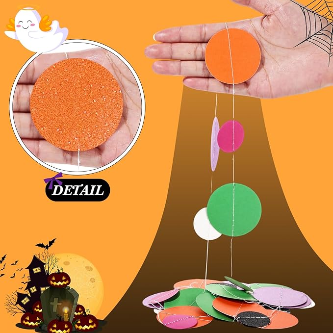 Outus 10 Pieces Orange,Black,Purple,Green,White Round Dots Garland Easter Graduation Party Hanging Decor Each Length 13.1ft Glitter Paper Dot Streamers for Birthday Wedding Classroom